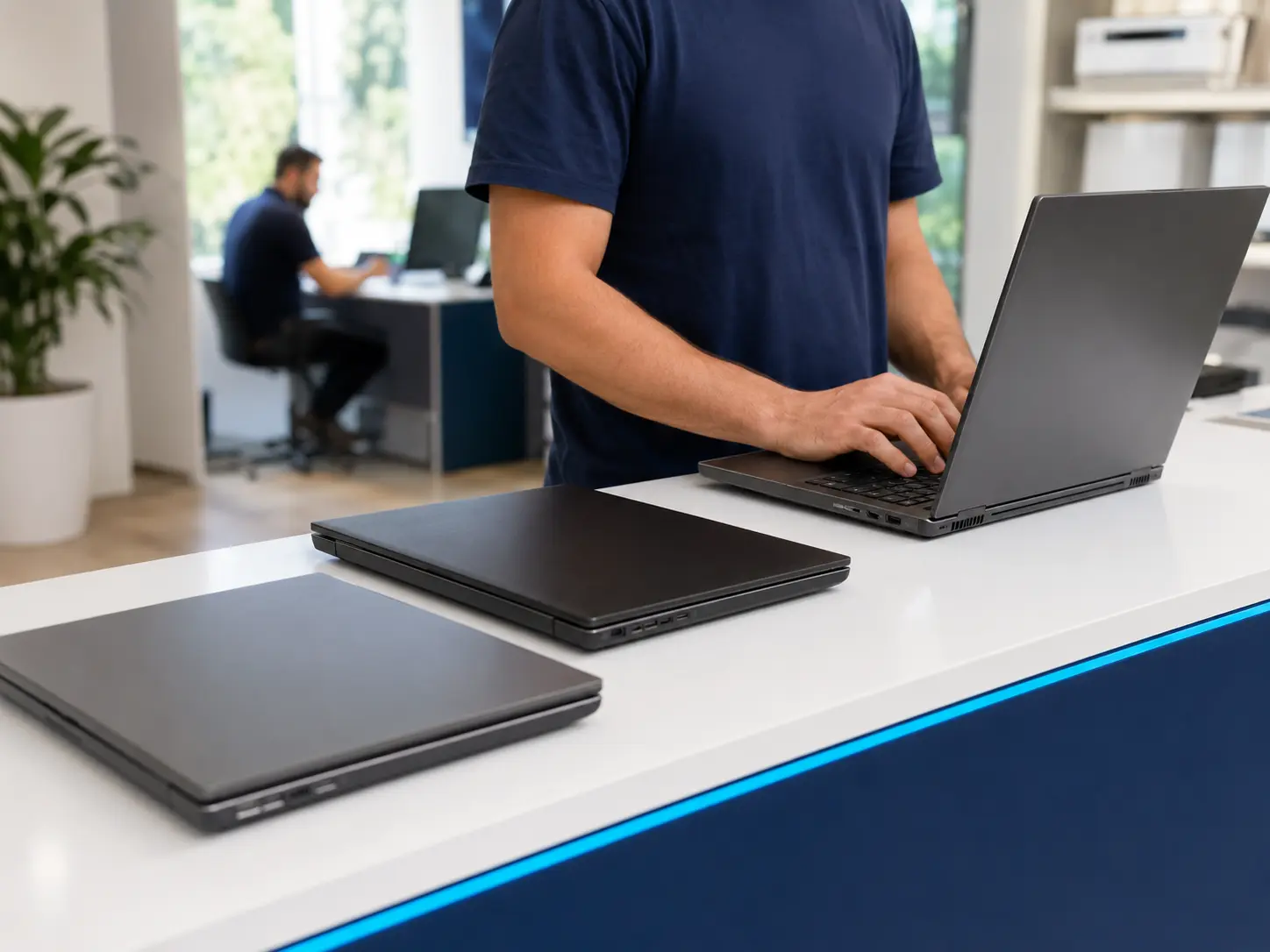 Técnico realizando manutenção em notebooks de uma empresa