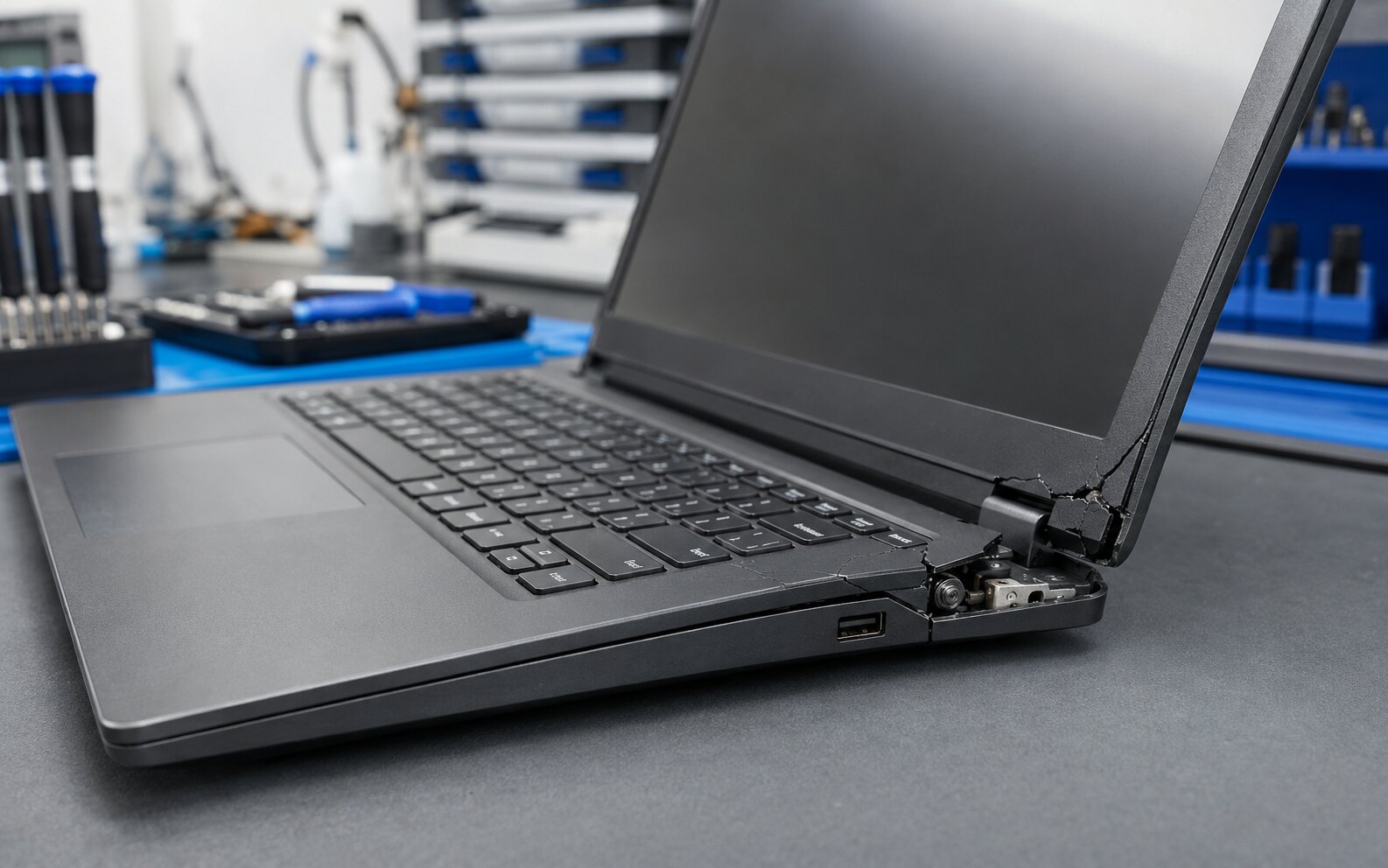 Imagem ilustrativa de notebook com carcaça e dobradiça danificadas